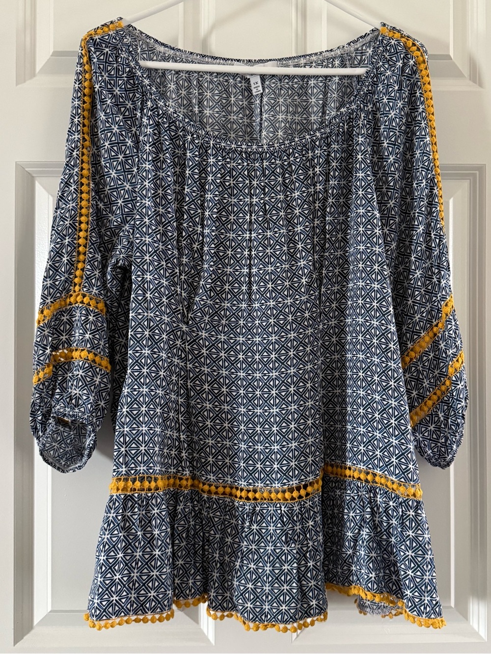 Fever Navy Geometric Peasant Top with Yellow Trim